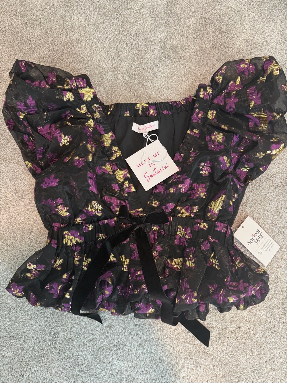 Smocked Black Floral Puff Sleeve Peplum Blouse - With Me by Sanatorium